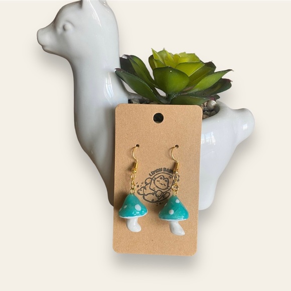 Handmade Cottagecore Mushroom Earrings in Green - Seafoam - Cute Dangle Style - Picture 4 of 5